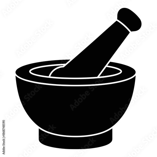 Essential black silhouette icon representing a traditional mortar and pestle used for grinding herbs, spices, and preparing compounds in a classic laboratory setting.