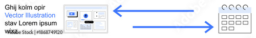 Data management, task scheduling, workflow optimization, automation, communication, system integration. Visual shows an interface linked to a calendar with arrows. Data synchronization and task
