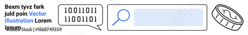 Digital security, information search, technology, cryptocurrency, coding, data analysis. Binary code in speech bubble, search bar with magnifying glass coin icon. Digital security and technology