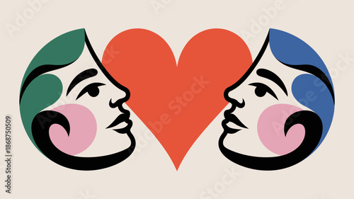 Two stylized profile faces with vibrant green and blue hair flank a large central red heart symbolizing connection and romance.