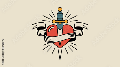Traditional sailor tattoo style illustration depicts a stylized red heart pierced by a sharp dagger with a blank banner wrapped around its center.
