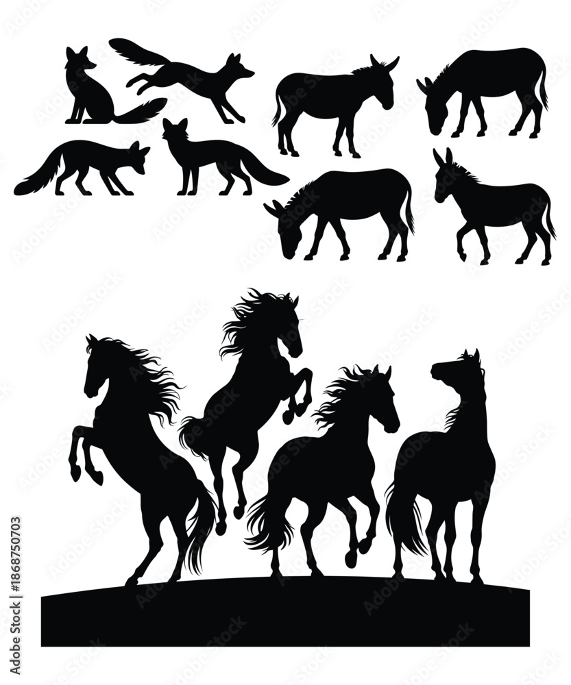 Fototapeta premium Fox, Donkey, horse silhouettes vector