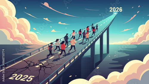 A vector graphic illustration of people walking across a bridge from 2025 to 2026
