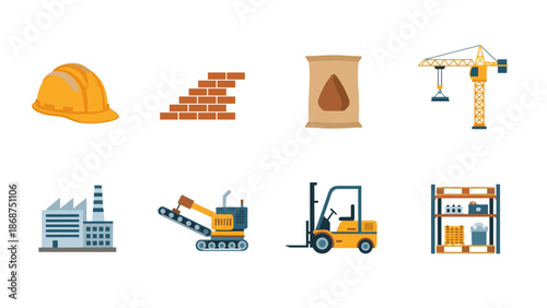 A set of colorful construction icons including a hard hat, bricks, cement bag, crane, factory, conveyor belt, forklift, and building frame, all in a flat, minimalist vector graphic style.
