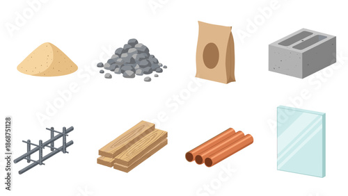 A vector graphic illustration of various construction materials including sand, rocks, cement, bricks, metal bars, wood, and glass on a white background