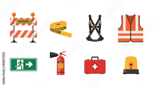 A set of colorful safety icons and equipment for emergency response and construction sites