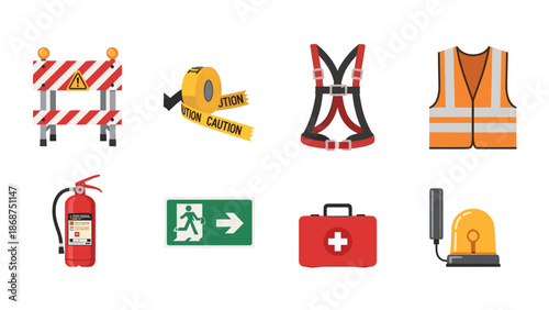 A set of colorful vector icons depicting various safety and construction tools and equipment on a white background