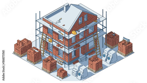 A 3D isometric illustration of a house under construction with scaffolding and building materials