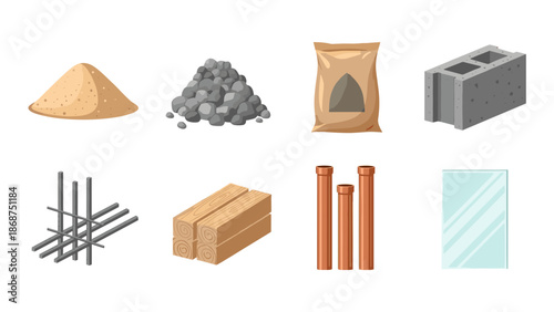 A set of construction materials icon illustrations including sand, gravel, cement, bricks, rebar, and glass