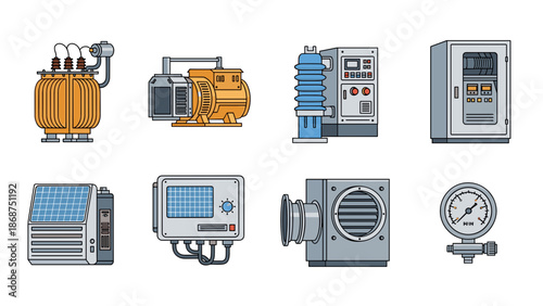 A set of eight industrial control panel icons in a flat vector graphic design