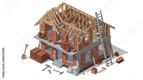 A 3D isometric illustration of a house under construction with exposed roof beams and scattered building tools around it