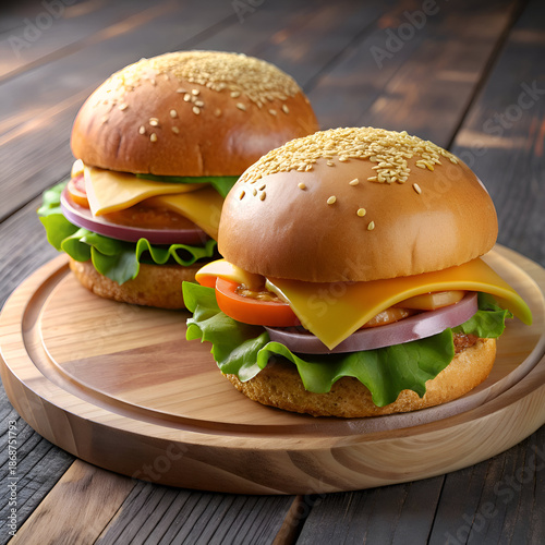Two gourmet cheeseburgers on a wooden cutting board on a dark wooden surface. Deliciously prepared burgers with fresh toppings. ready to eat.