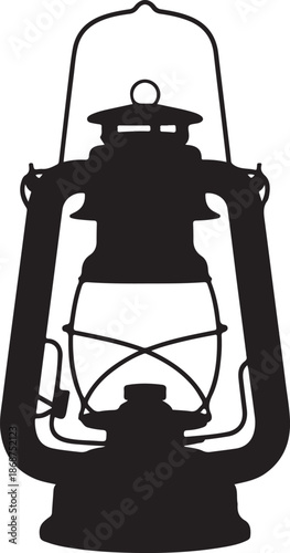A classic vintage hurricane lantern depicted as a detailed black silhouette with a prominent handle