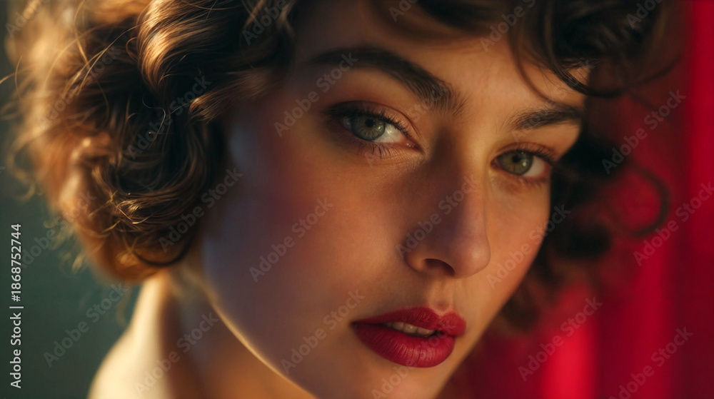 Fototapeta premium A woman with curly hair styled in an updo, wearing a white blouse and red lipstick.