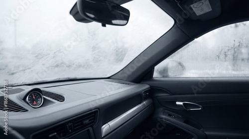 Cuadro en lienzo View from inside a luxury car showing the dashboard and a fogged windshield covered in condensation