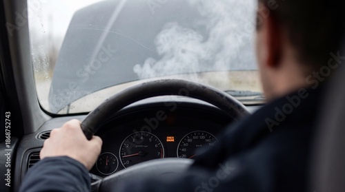 Cuadro en lienzo Driver view of broken car with smoke rising from open hood and check engine light on dashboard