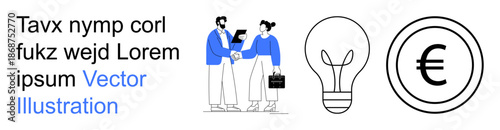 Business strategy, teamwork, innovation, finance, leadership, global partnerships. Two people shaking hands with a laptop and briefcase, a light bulb and a Euro symbol. Business collaboration