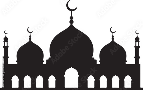 Majestic black silhouette of an Islamic mosque structure with prominent domes and tall minarets