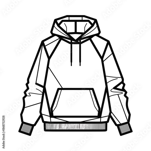 Black and white illustration of a hoodie with hood up and pocket