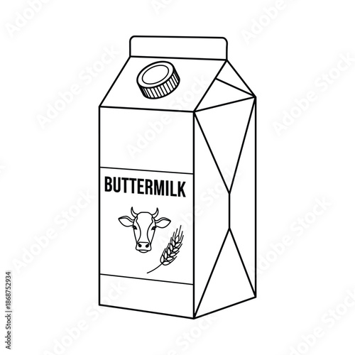 Black and white illustration of buttermilk carton with cow head and wheat