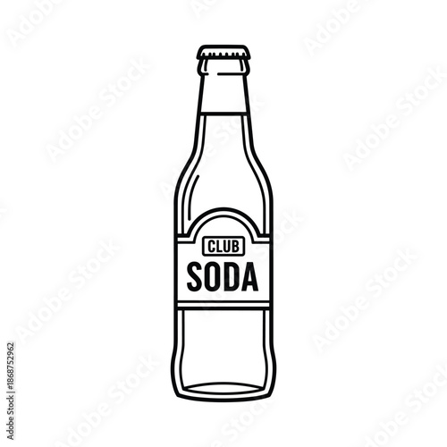 Black and white illustration of a glass soda bottle with club soda label on white background