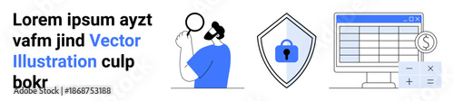 Data security, identity verification, financial analysis, online privacy, cybersecurity, secure transactions. Person with magnifying glass, lock shield icon and spreadsheet interface. Data security