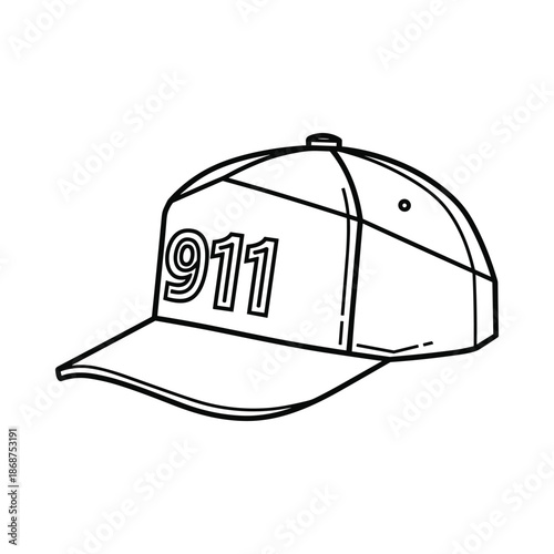 Black and white illustration of a baseball cap with 911 on the front