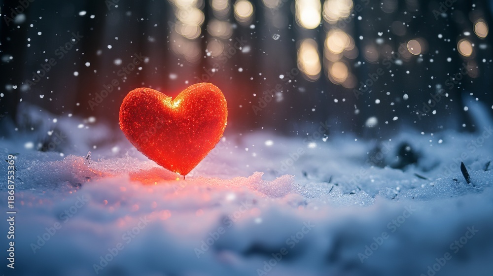 Fototapeta premium A glowing red heart stands alone in the snowy forest during a serene snowfall