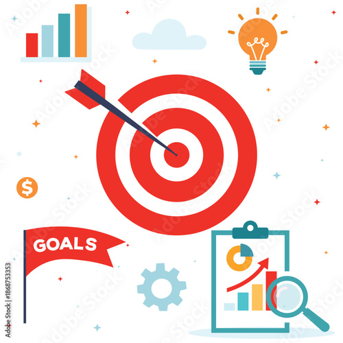 Business Goal Target Flat Vector Illustration Set