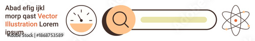 Search tools, data science, user interface, technology, navigation, science. A search bar flanked by a magnifying glass, speedometer and atomic structure icons. Search tools and technology concept