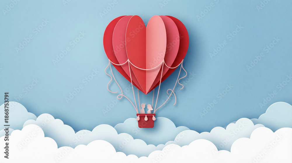Obraz premium Valentine's Day Greeting Card Concept with Heart-Shaped Hot Air Balloon and Couple Floating over Clouds in Paper Cut Style