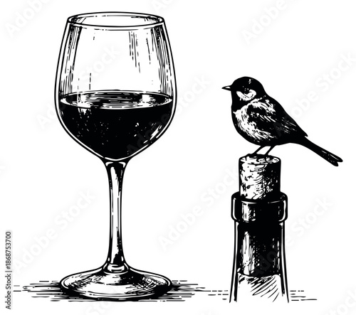Hand drawn line art illustration of a bird and a wine glass depicting a small bird perched on a wine bottle cork for beverage and nature concepts