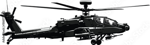 Attack helicopter silhouette illustration, modern military combat aircraft, side view gunship, tactical defense aviation, black vector design, isolated white background