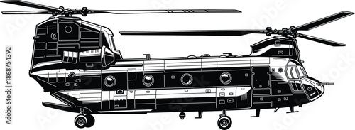 Heavy lift helicopter technical illustration, detailed military transport aircraft, tandem rotor design, black white vector, isolated background, engineering, blueprint, schematic