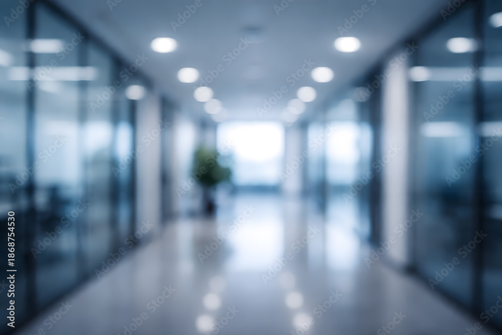 Fototapeta premium Blurred modern office hallway with glass doors