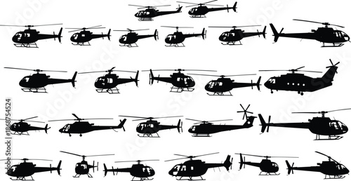 Helicopter silhouette mega collection, diverse rotorcraft angles, military civilian aircraft icons, black vector set, isolated white background, illustration, design, pack