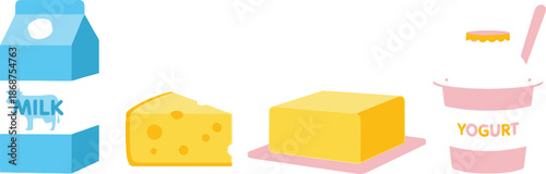 Flat design set of 4 breakfast dairy items milk carton cheese slice butter block and yogurt cup