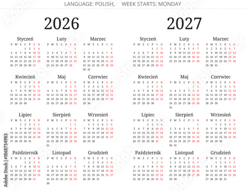 Polish calendar 2026 and 2027 year. Vector illustration with serif font Poland