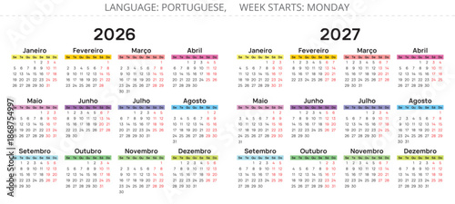 Portuguese calendars for 2027 and 2026 years. color vector illustration for Portugal