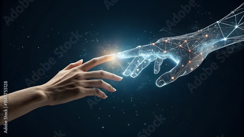 Two hands reaching toward each other, one human and one made of digital AI particles, neural network glow between them, future technology concept, dark background, no face
