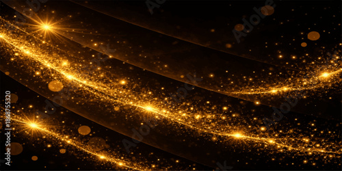Abstract golden light backgrounds with sparkling stars and glitter glow in a bright holiday animation design across a motion galaxy night sky