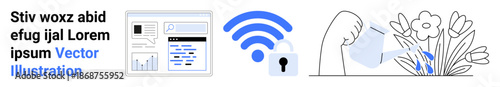 Cybersecurity, connectivity, environment, technology, sustainability, digital safety. Digital dashboard, wireless signal and hand watering plants. Cybersecurity and connectivity concepts visually