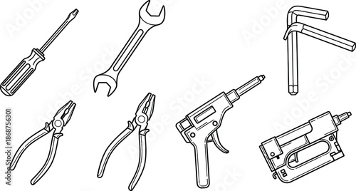 Outline illustration set of 6 fastening tools screwdriver wrench allen key pliers rivet gun and staple gun