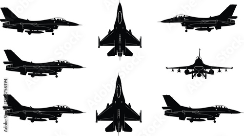 Fighter, jet, silhouettes, military, aircraft, collection, combat, aviation, front, side, top, rear, views, black, vector, illustration, defense, airforce, isolated, set