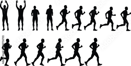 Running, man, silhouettes, sequence, jogging, sprinting, fitness, athlete, workout, motion, training, sport, exercise, healthy, lifestyle, black, vector, illustration, isolated, collection