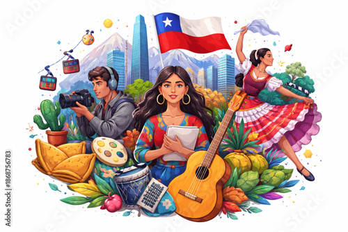 Modern Vector Illustration of Chilean Identity with Urban and Traditional Elements