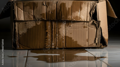 Damaged cardboard box on wet floor with water damage