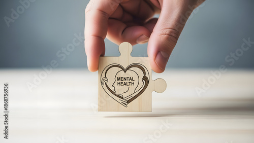 Hand holding a wooden puzzle piece with a mental health symbol, emphasizing emotional well-being, care, and support for psychological balance and awareness