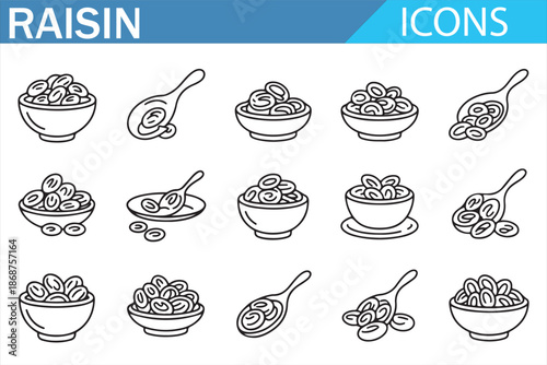 Dried fruit raisin icons pack, linear food ingredient symbols