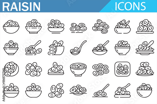 Healthy snack raisin outline icons set for packaging and branding